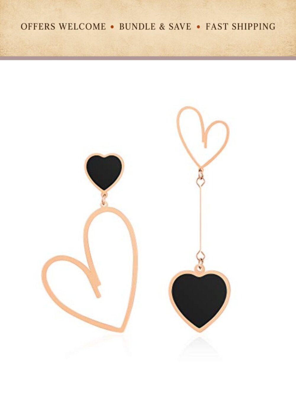 Mismatched Heart Dangle Earrings Titanium Rose Gold Plated